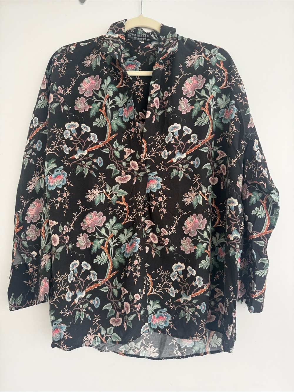 Zara Black Floral Blouse with Pink and Green Accents
